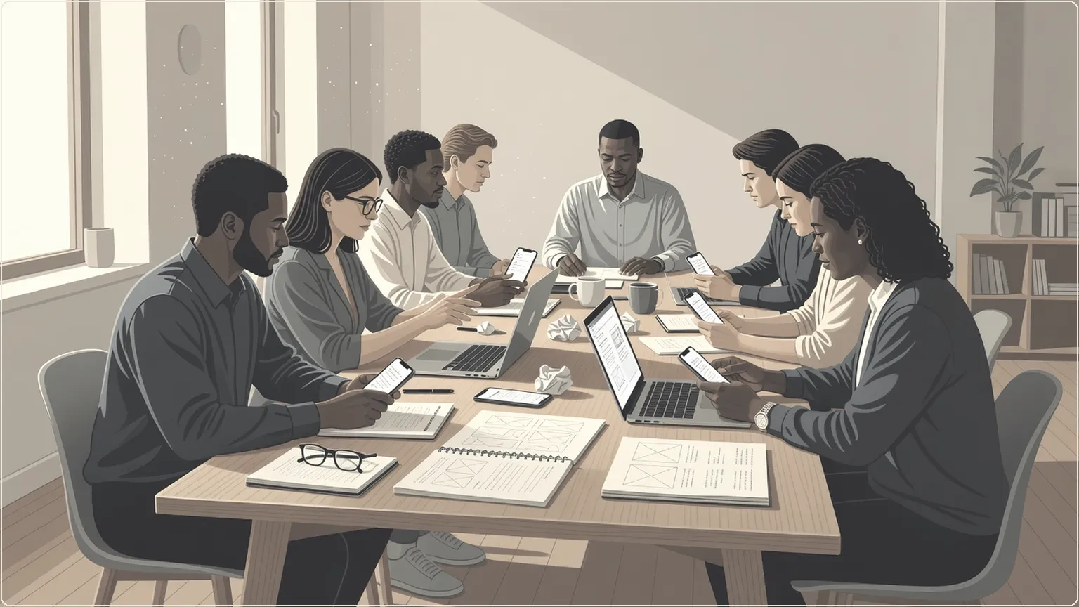 Developers collaborating around a table with iPhones and notebooks in a bright room