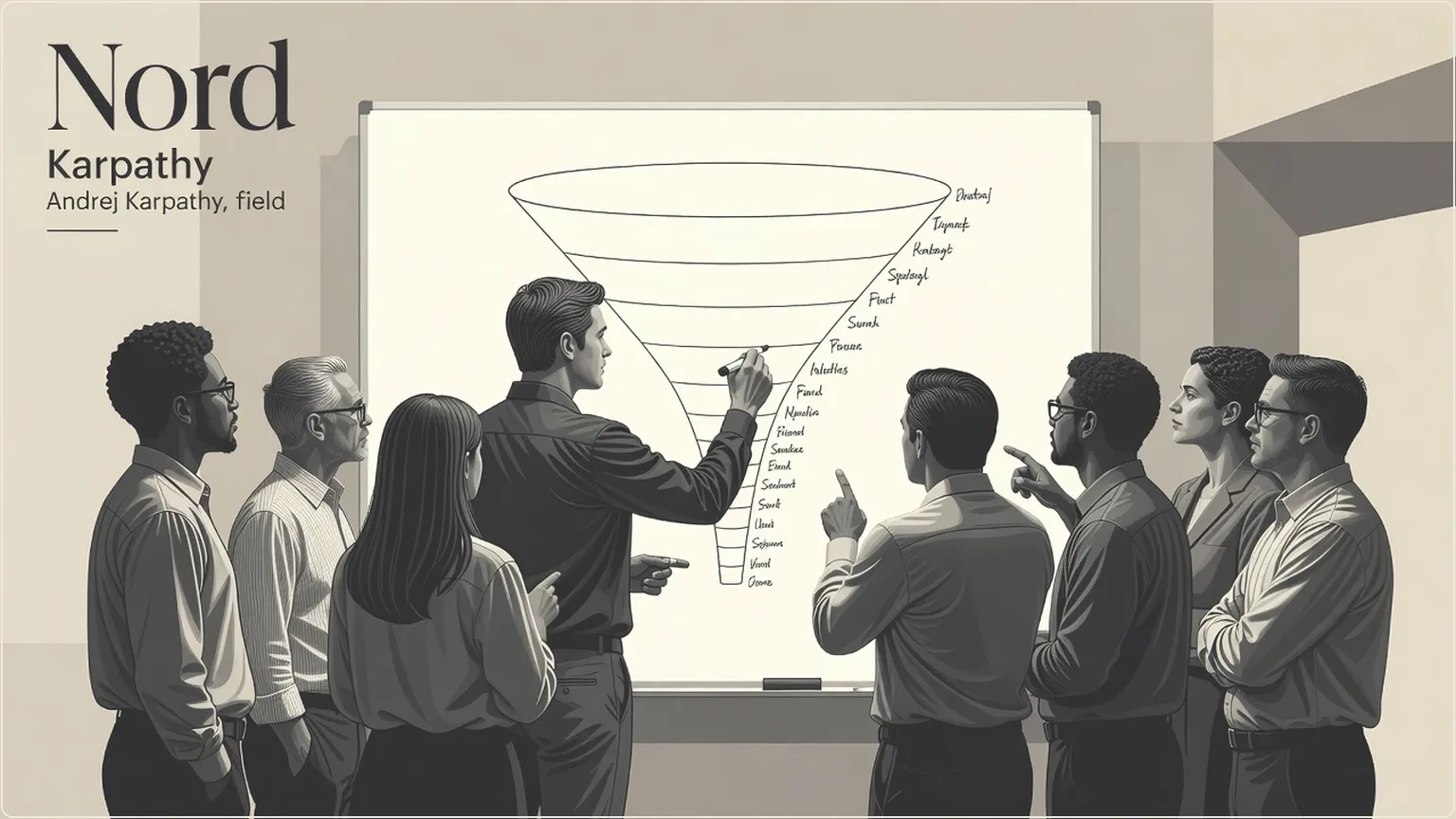 Andrej Karpathy ritar ett trattdiagram på en whiteboard medan ingenjörer tittar på