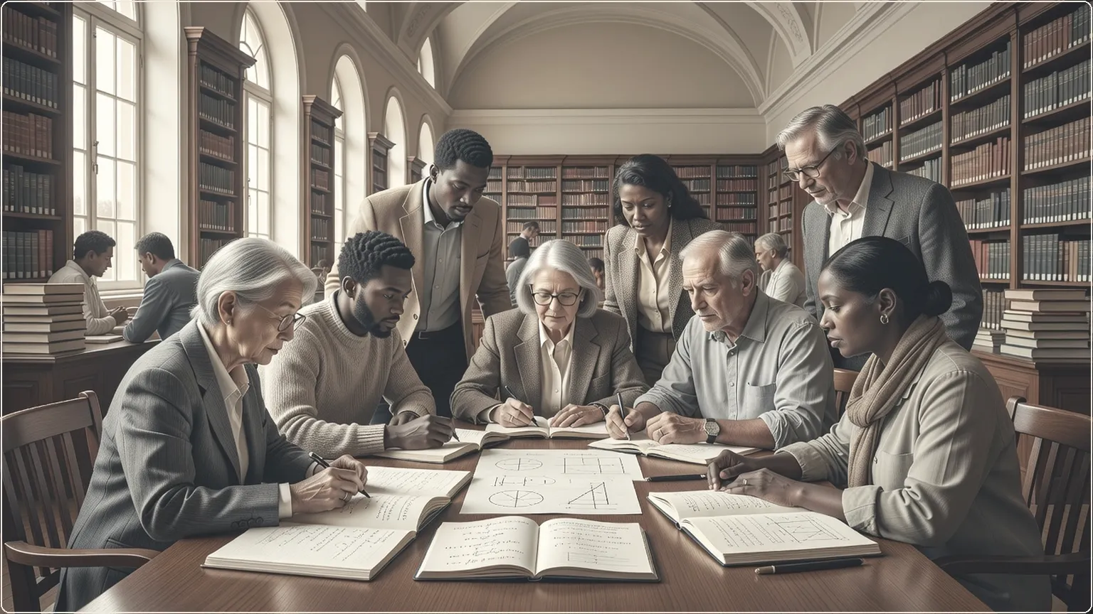 Mathematicians collaborating on handwritten proofs at a wooden table