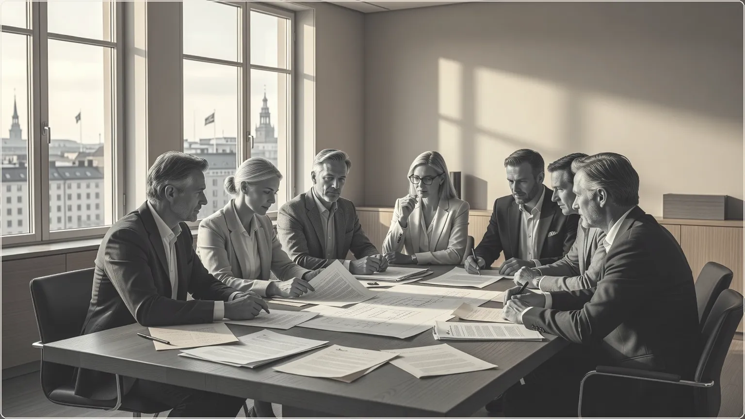 Professionals collaborating over documents in a Stockholm office