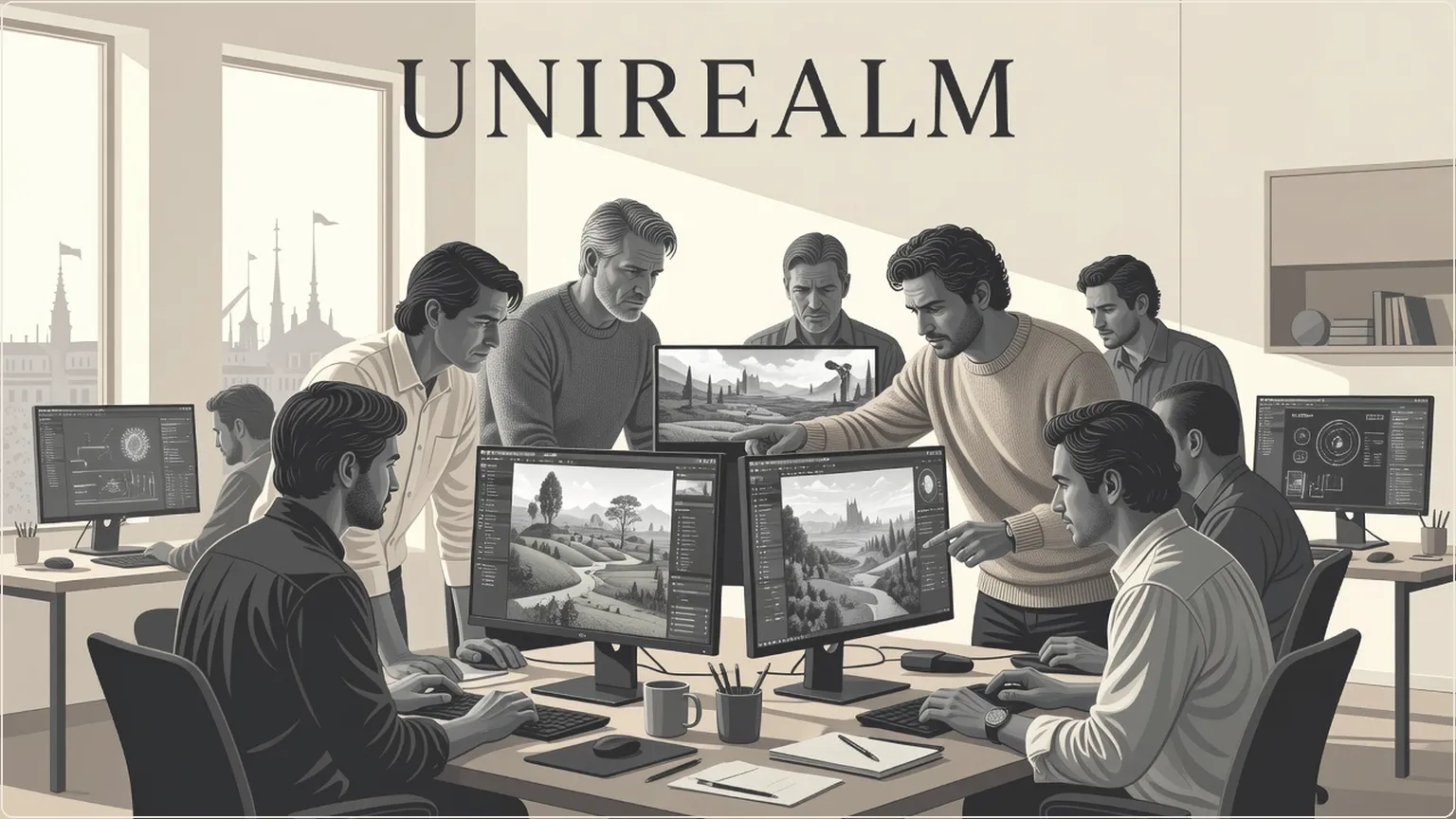 Developers collaborating on a virtual world in Unreal Engine at a studio workstation