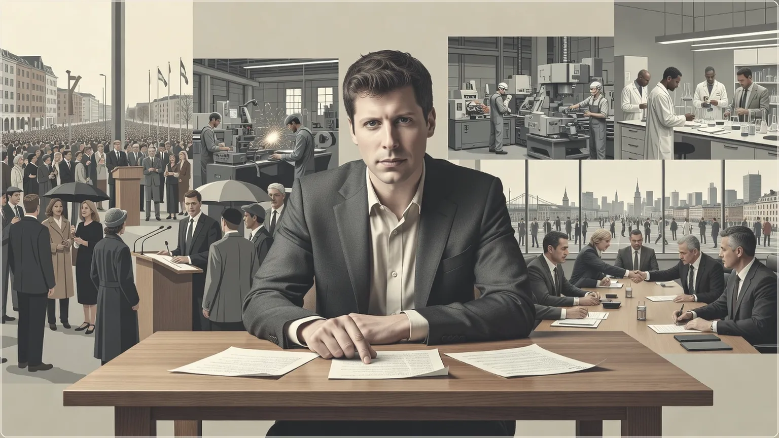 Sam Altman vid ett bord med tre lappar, gestikulerar eftertänksamt