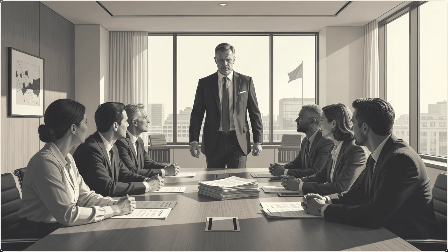 Researcher rejoining colleagues at a table to discuss AI safety documents