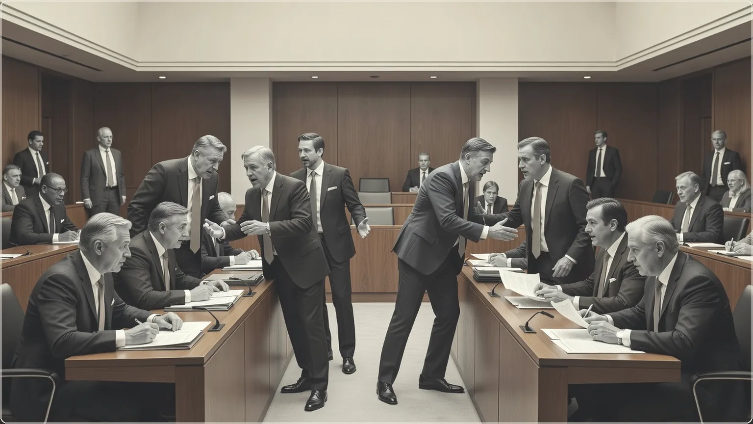 Divided EU parliamentarians debating in a wood-paneled chamber