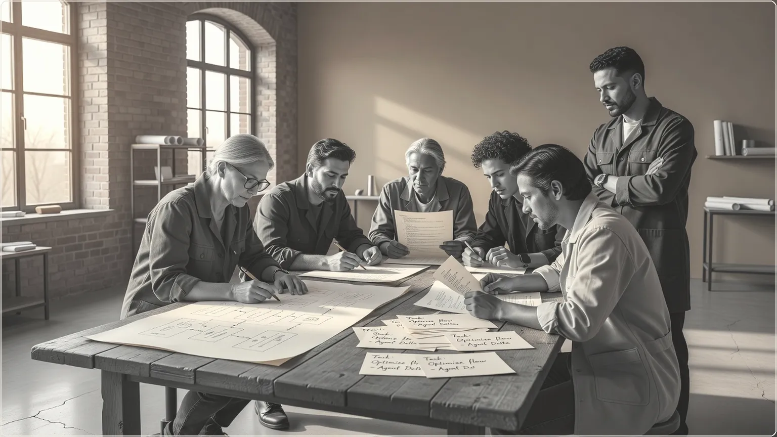 Engineers collaborating around a table with diagrams and code printouts in a bright workspace