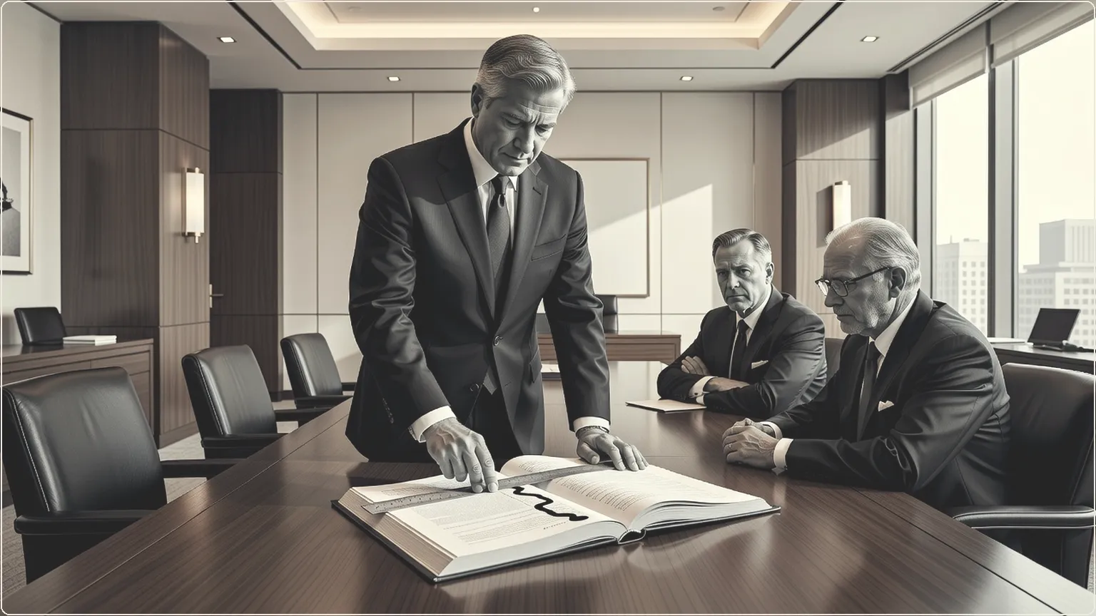 Jamie Dimon drawing a firm line across a ledger in a traditional bank boardroom
