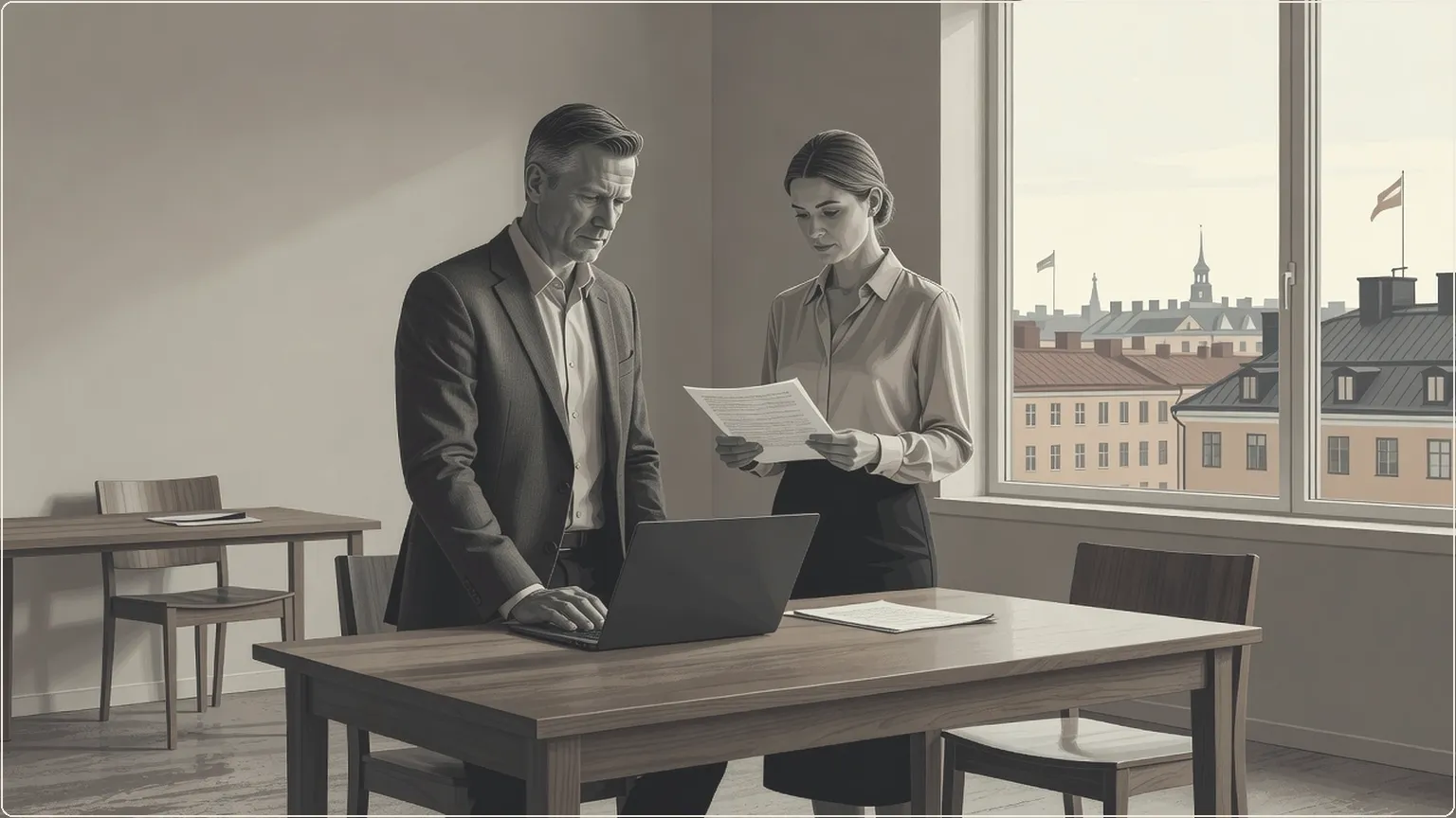 Swedish officials reviewing AI policy documents in a sunlit government office