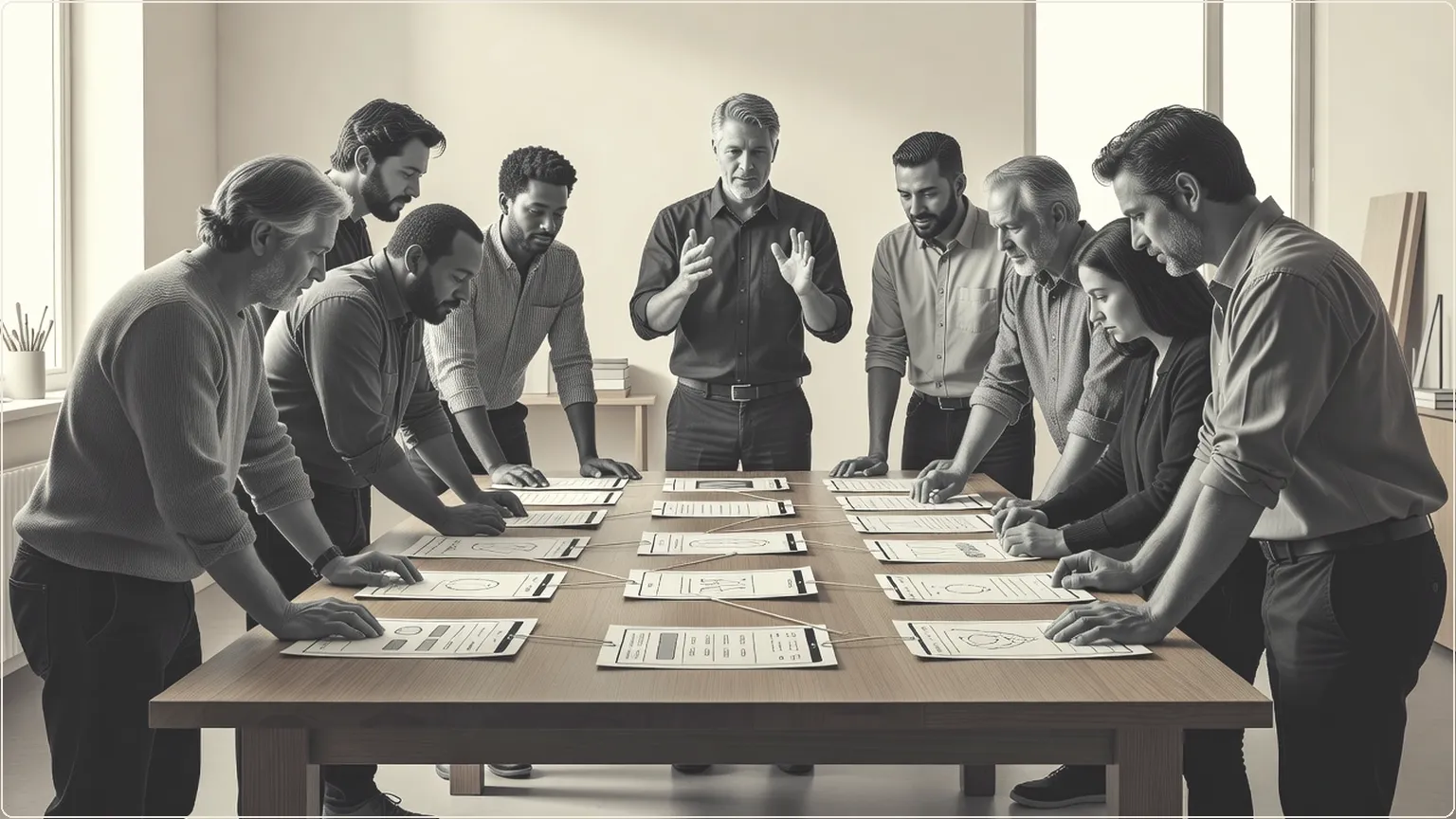 Developers collaborating around a table to assemble app prototypes in a bright studio