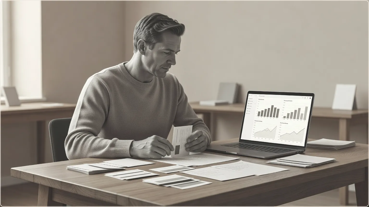 Developer organizing subscription pricing cards at a desk