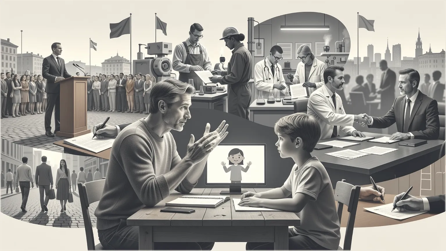 Instructor teaching a child beside a laptop displaying a simulated student